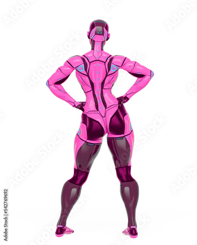 super cyborg girl is doing a super pose like a comic hero rear view © DM7