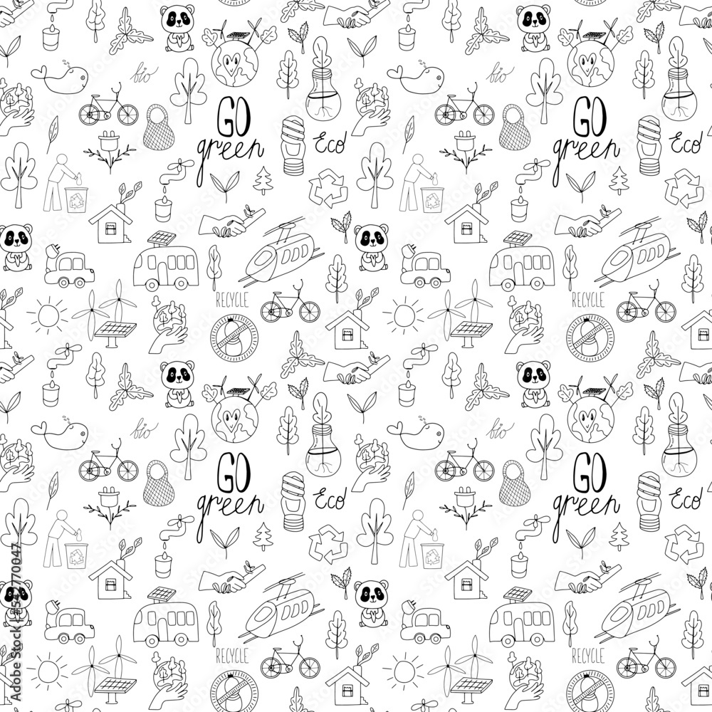 Eco doodle seamless pattern for wrapping paper, textile, fabric, wallpaper. Ecological vector illustration