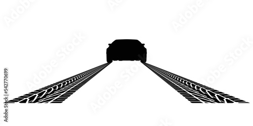 A light sports car drives away and leaves a trail of tire tread behind it. Black silhouette isolated on white background.