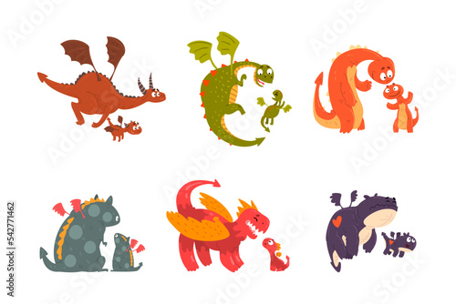 Mature Dragons and Baby Dragons as Families of Mythical Animals Vector Set