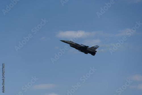 F-16C Block 52 plus fighter demonstrating flight air show. HAF Hellenic Air Force Jet of team Zeus above Thessaloniki, Greece during the 28 October National Oxi Day parade.