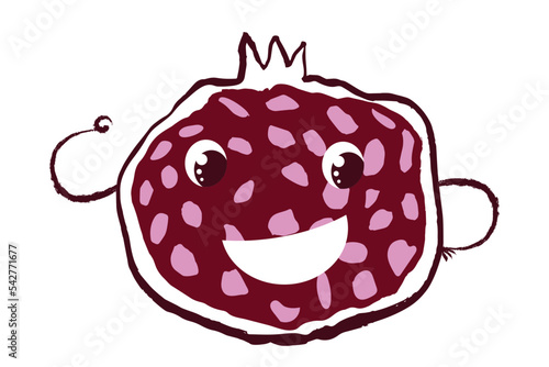 Funny character pomegranate. Big eyes, modern doodle style. Cartoon illustration. The power and coolness of vitamins. Vegetarianism, veganism. Juicy, sweet, healthy fruit with big eyes