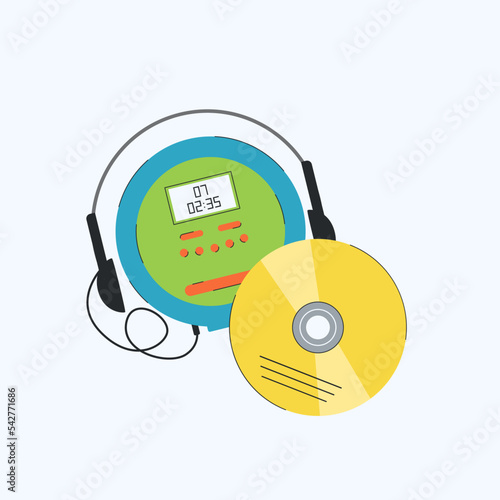 Vector cd player and cd disk in the 1990s style. Retro music illustration.