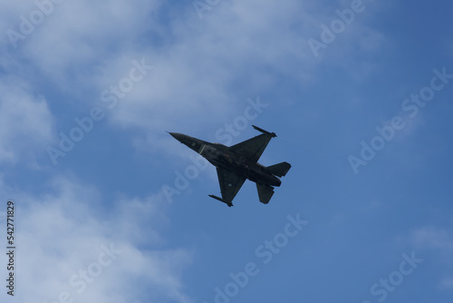 F-16C Block 52 plus fighter demonstrating flight air show. HAF Hellenic Air Force Jet of team Zeus above Thessaloniki, Greece during the 28 October National Oxi Day parade.