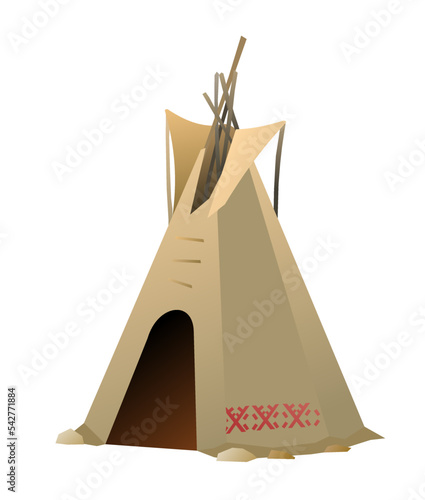 Indians wigwam hut made of felt and skins. With folk ornament. North American tribal dwelling. Traditional home of nomadic peoples. Isolated on white background Vector.