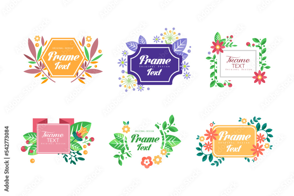 Floral Geometrical Frame Design with Blooming Flowers and Twigs Vector Set