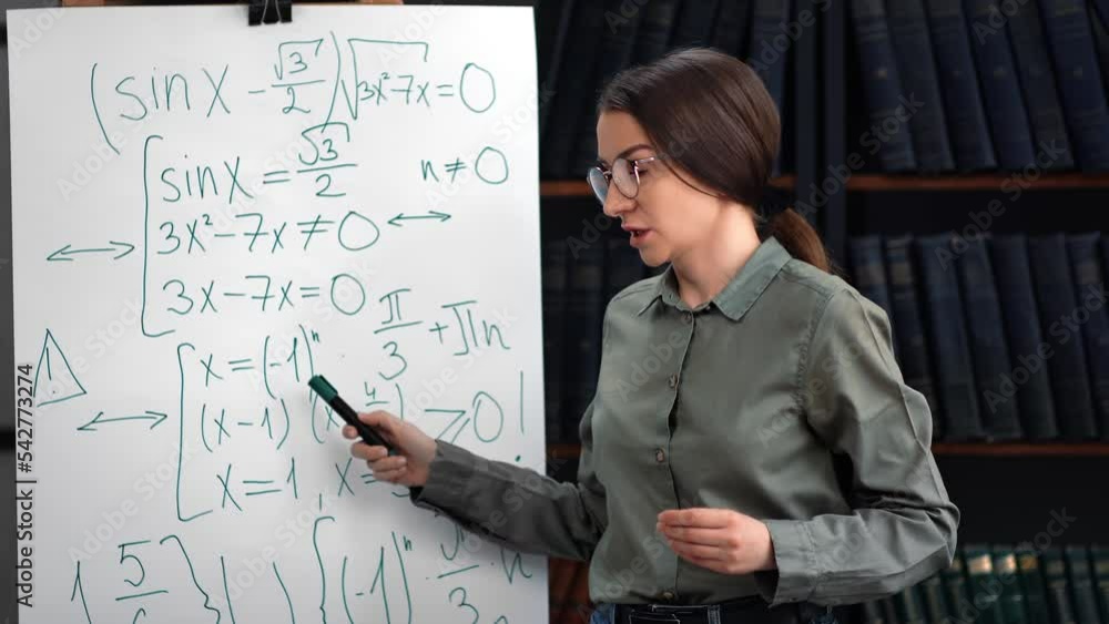 Academic woman explaining talking mathematics formula report on ...