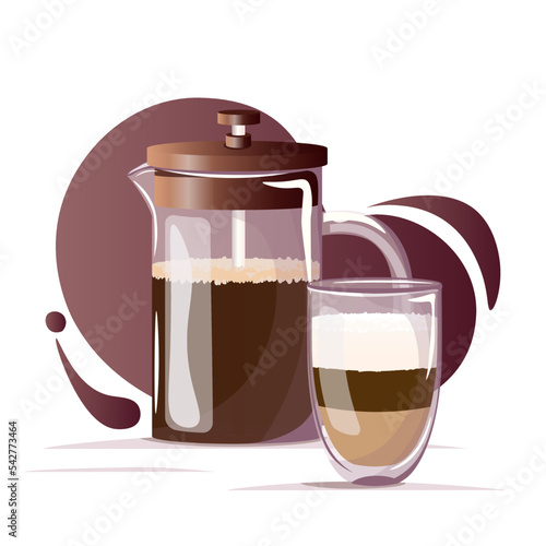 Glass coffee pot, french press with black coffee and Glass mug with double  bottom and latte on dark gradient background. Coffee break, coffee shop or cafe concept