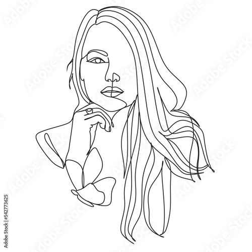 Woman face with butterfly. Line art female hands with butterflies. One line vector drawing. Portrait minimalistic 