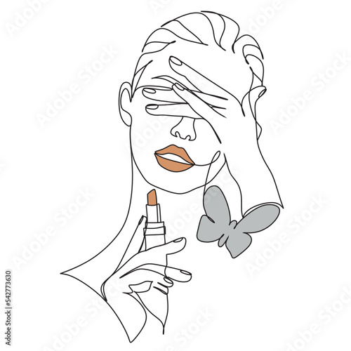 Makeup Artist one line illustration. Minimalist Face Beauty Logo.Vector drawing.Professional makeup.