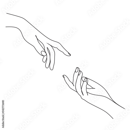 Touch my hand with yours one line ilustration. Two hands. line drawing. one line. infinite line. Vector art.