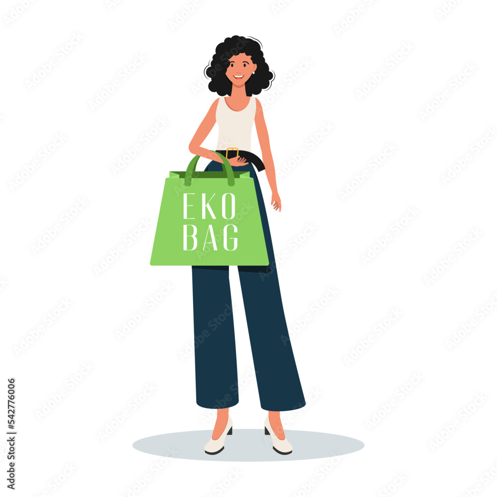 The concept of ecological bags and plastic. A woman holds an eco-package in her hands. Isolated on white