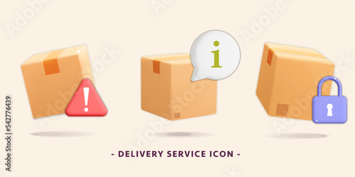 3d vector collection of parcel cardboard boxes with attention, alert, warning, security, safe symbol icon for fast delivery service. Tracking, ordering for mobile app global delivery, logistic.
