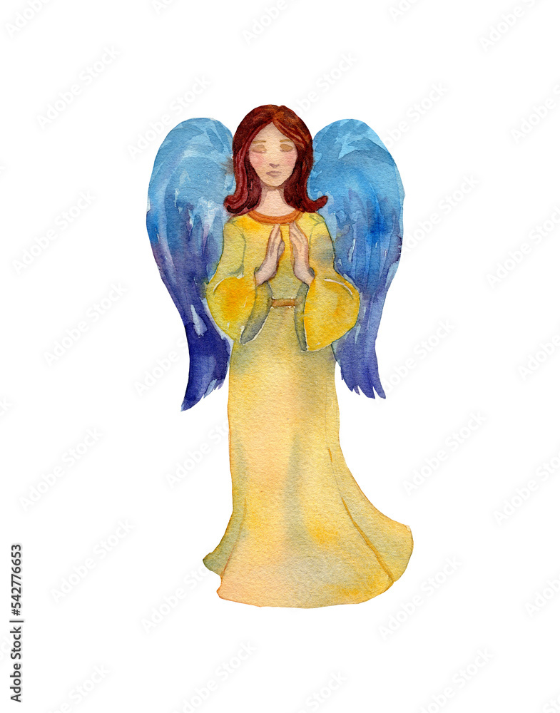 Fototapeta premium Watercolor hand drawn figure of holy angel with blue wings. Standing angel pray, Illustration for Religious holidays . Design for Christmas cards, decor, prints. Сhristening invites.