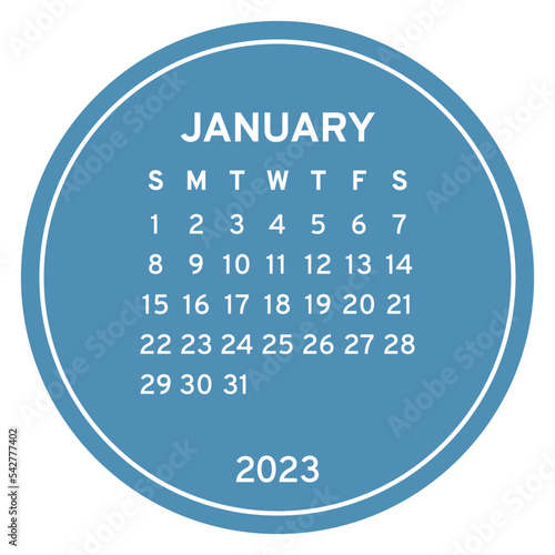 January calendar 2023. Color english round calender