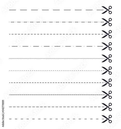Scissor cutting vector set. Scissor with line illustration. Paper cut design template in outline symbol.