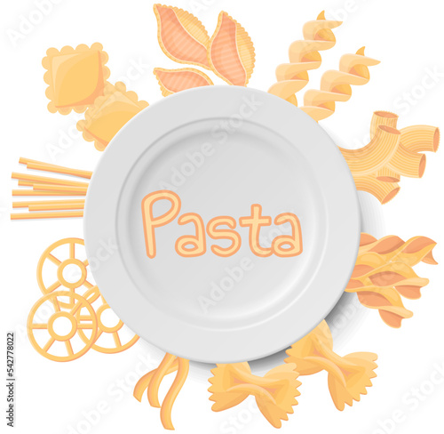 Pasta set. Italian traditional macaroni cartoon illustration icon, rotelle, spaghetti, vermicelli. Flour products for food blog or menu design. Dry ingredient, kitchen and cooking theme, restaurant