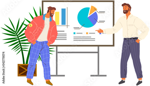 Businessman financier making financial report standing at board with charts. Financial income growth. Investment analysis money profits. Investor successful employee making investing plan presentation