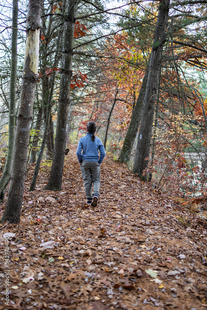 child walking in autumn forest child walking in autumn forest