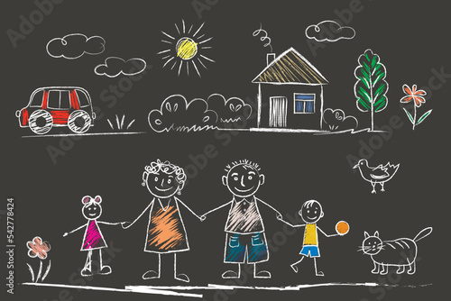 Family - little girl and boy holding hands with mother and father, cat, car, bird, House, sun, clouds, flowers, summer day. doodles  child's hand with chalk on asphalt or on a school board.