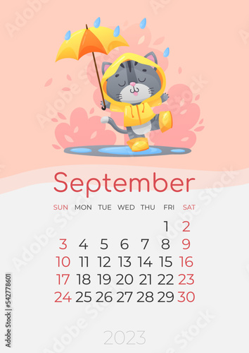 Calendar of 2023 year, September, poster with cute gray kitty, cat with umbrella in yellow raincoat, coat, boots dancing in the rain. Vector illustration for postcard, banner, web, design, art