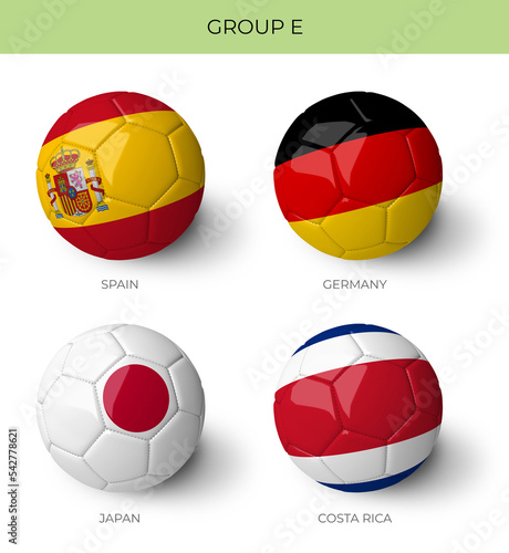 Group E 3D Balls with flags on white background for Qatar 2022 world cup groups 