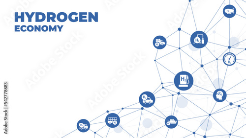 Hydrogen economy vector illustration. Concept with connected icons related to hydrogen use as fuel, in industrial processes, hydrogen storage and transport