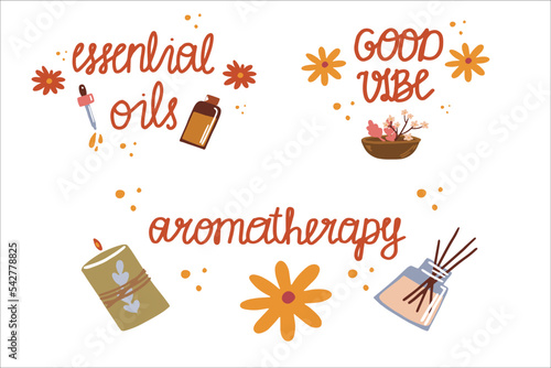 Set of aromatherapy elements with essential oils and lettering.
