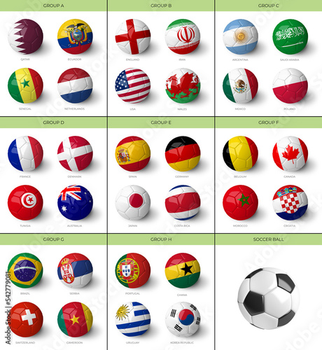 3D Balls with country flags on the white background of the Qatar 2022 world cup