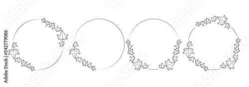 Set of doodle floral, line and leaf circle frames. Ivy leaves ink style. 