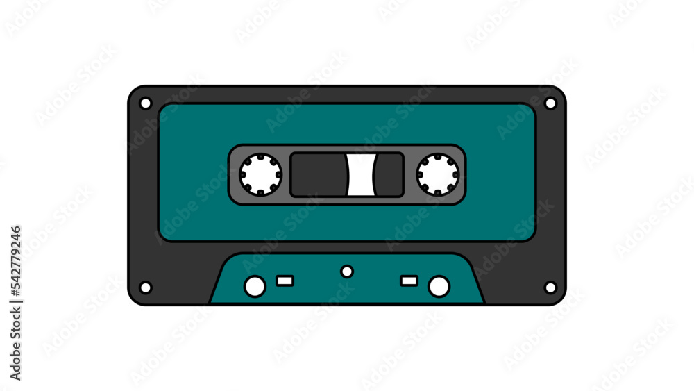 Old retro vintage music audio cassette for audio tape recorder with magnetic tape from 70s, 80s, 90s. Beautiful green icon. Vector illustration