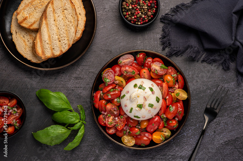 Food photography of burrata, cheese, tomato, bruschetta, toast, onion, basil