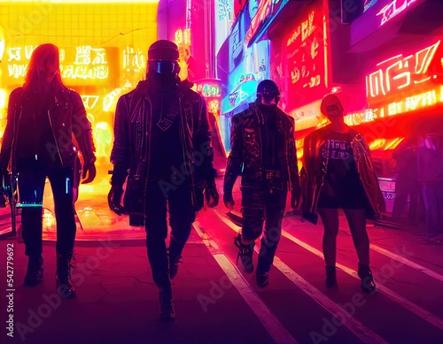 Print op canvas fashionable cyberpunk crew, people on the street of the night city of the future