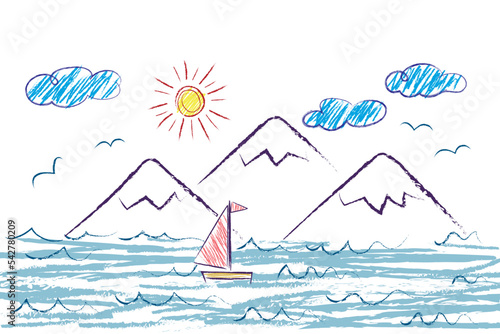Fotografia Sea, Mountains, Sailboat, Sun, clouds, seagulls - scribbles drawn by a child's hand with colored pencils