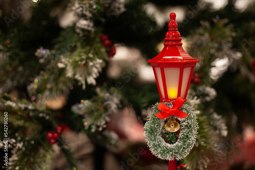Chistmas white and red decoration with tree and snow