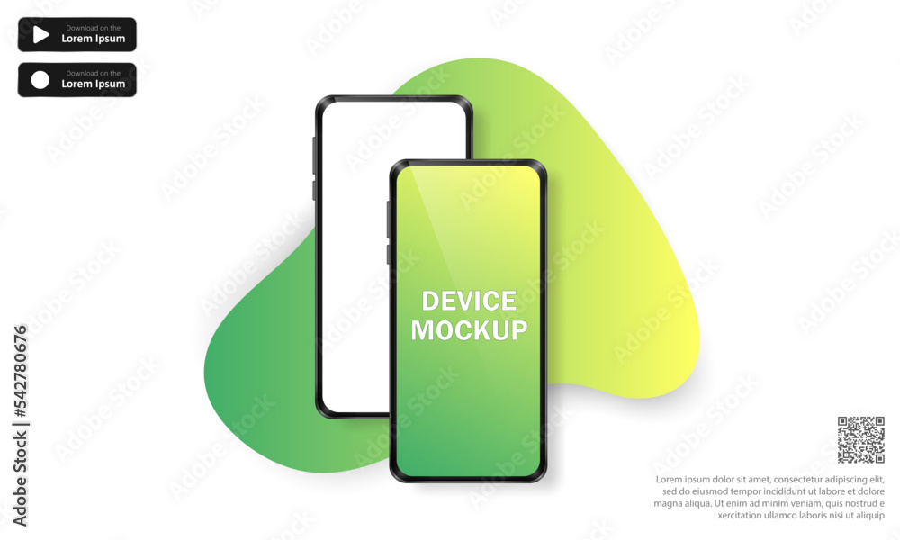 Advertising banner with realistic smartphones, text, QR code and download buttons. Vector background with 3d modern phones and green decoration. Mobile app, website advertisement, device presentation Advertising banner with realistic smartphones, text, QR code and download buttons. Vector background with 3d modern phones and green decoration. Mobile app, website advertisement, device presentation