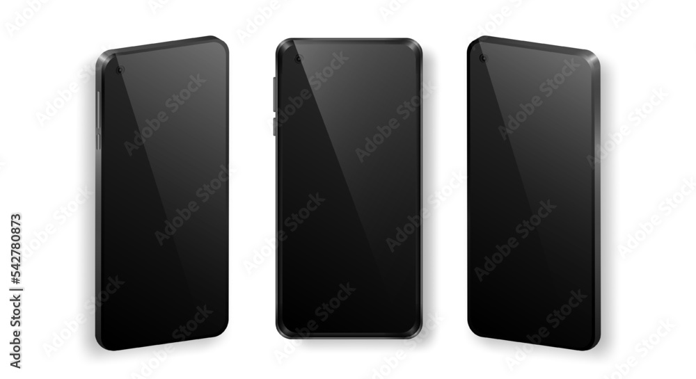 Mock up of realistic mobile phones in front and perspective view. Collection of phones with black frame and dark glossy screen isolated on white background. Vector device template for advertisement Mock up of realistic mobile phones in front and perspective view. Collection of phones with black frame and dark glossy screen isolated on white background. Vector device template for advertisement