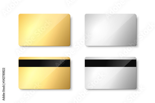 Vector Golden and Silver Gift Card, Certificate, Guest Room, Plastic Hotel Apartment Keycard, ID Card, Sale. Credit Card Design Template for Mockup, Branding. Front, Back Side, Magnetic Strip