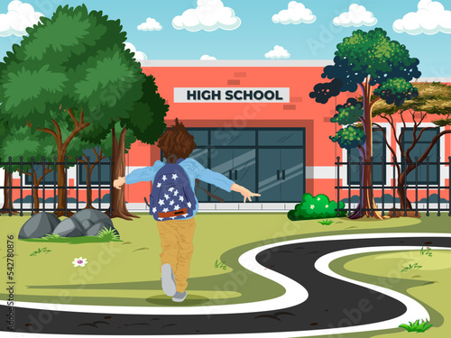 Schoolboy with large retro backpack walking away with his head down vector drawing, Hand drew illustration on schoolboy