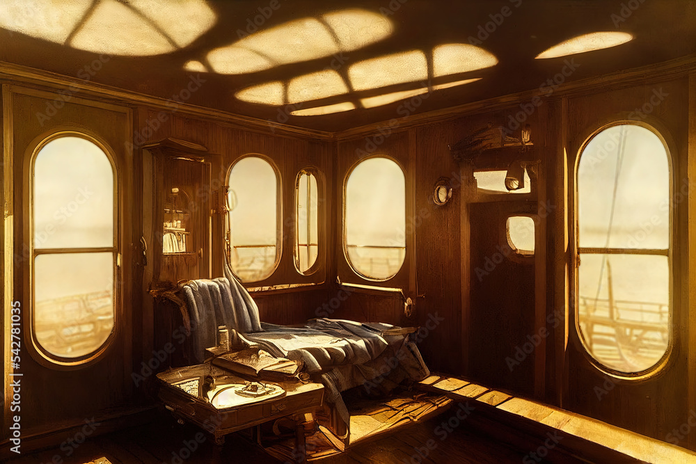 Inside of Edwardian passenger ship cabin with a wooden interior and