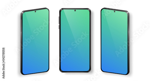 Mock up of realistic mobile phones in front and perspective view. Collection of phones with black frame and cyan gradient screen isolated on white background. Vector device template for advertisement