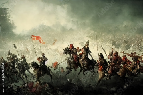 Fotografia Historic medieval battle, soldiers on horses carrying flags and banners, knights in armour in a dark ages destructive digital artwork