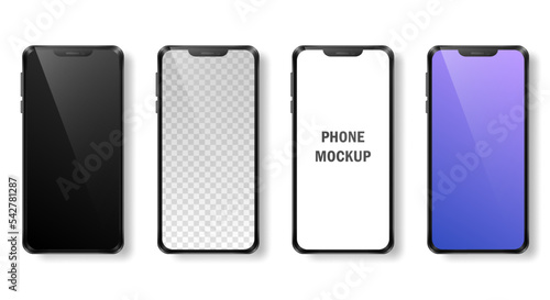 Mockup of four realistic phones with black frame and dark, purple gradient, white and transparent screens. Modern devices, mobile phones isolated on white background. Vector template for advertisement