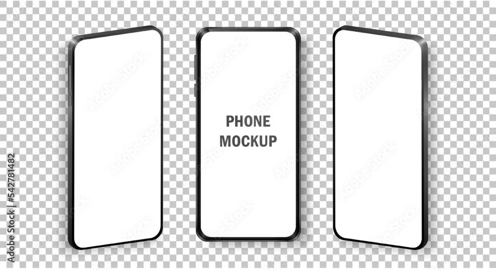Mockup of realistic mobile phones in front and isometric view. Collection of phones with black frame and white blank screen isolated on transparent background. Modern device template for advertisement Mockup of realistic mobile phones in front and isometric view. Collection of phones with black frame and white blank screen isolated on transparent background. Modern device template for advertisement