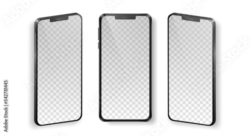 Mock up of realistic mobile phones in front and perspective view. Collection of phones with black frame and transparent screen isolated on white background. Vector device template for advertisement