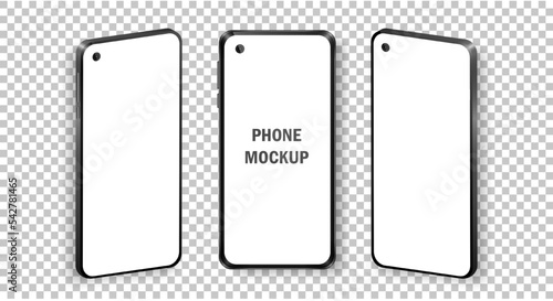 Mockup of realistic mobile phones in front and isometric view. Collection of phones with black frame and white blank screen isolated on transparent background. Modern device template for advertisement