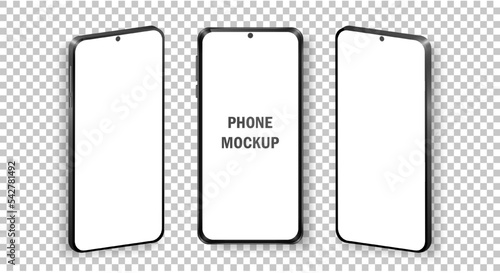 Mockup of realistic mobile phones in front and isometric view. Collection of phones with black frame and white blank screen isolated on transparent background. Modern device template for advertisement