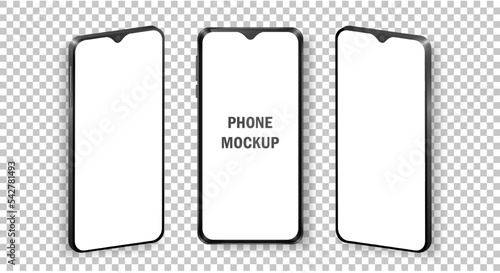 Mockup of realistic mobile phones in front and isometric view. Collection of phones with black frame and white blank screen isolated on transparent background. Modern device template for advertisement