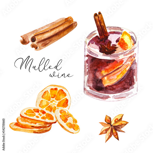 Watercolor set of mulled wine ingredients. Mulled wine set of cinnamon sticks, star anise and dried slices of orange. Vector mulled wine set perfect for  illustrating recipes, menus.