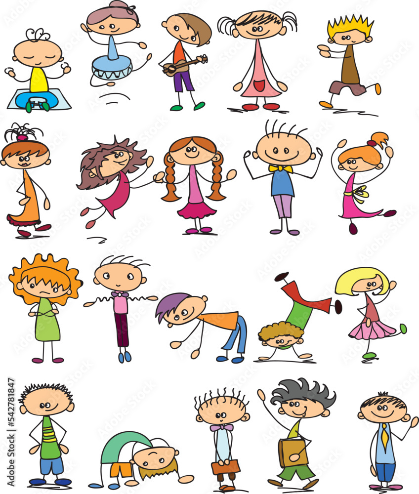 Happy children in summer park. Funny small kids play, run and jump. Set of elements in childish doodle style. Hand drawn illustration Happy children in summer park. Funny small kids play, run and jump. Set of elements in childish doodle style. Hand drawn illustration